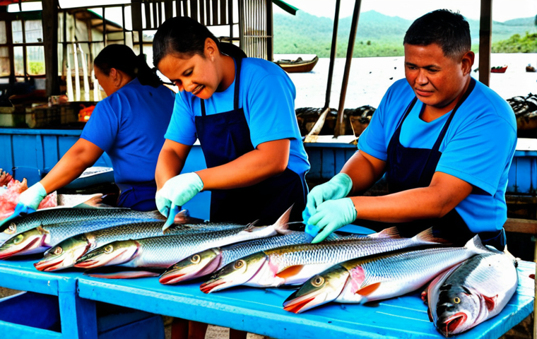 **

"A vibrant scene at Apia Fish Market, Samoa, showcasing a colorful display of freshly caught fish and seafood. Local fishermen are seen cleaning and filleting the fish. The atmosphere is lively with bustling activity and a variety of marine life on offer, creating a genuine and authentic Samoan experience. Focus on the freshness of the seafood and the lively market atmosphere. Safe for work, appropriate content, fully clothed, family-friendly."

**